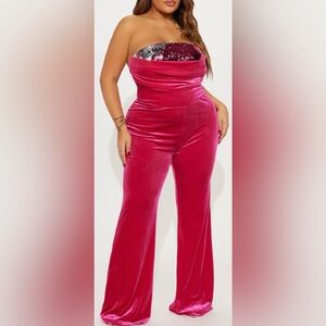 Womens fuchsia velvet jumpsuit w/sequins. NWT
